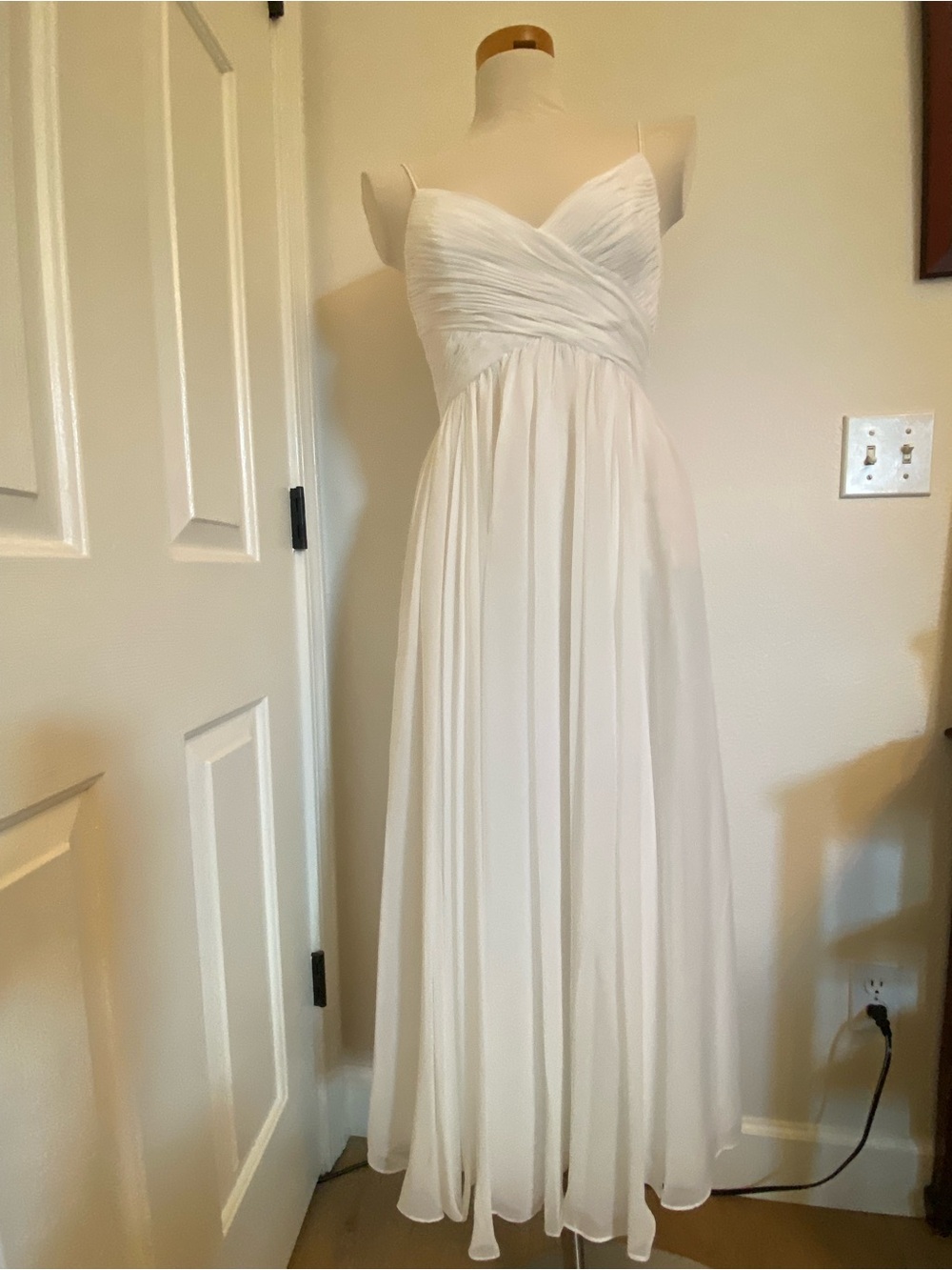 Mac Duggal White Spaghetti Strap Chiffon Midi Dress